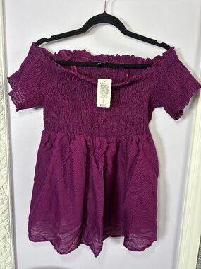 Torrid Dark Purple Stretch Gauze Smocked Off Shoulder Shirt NWT Size 0/L/12